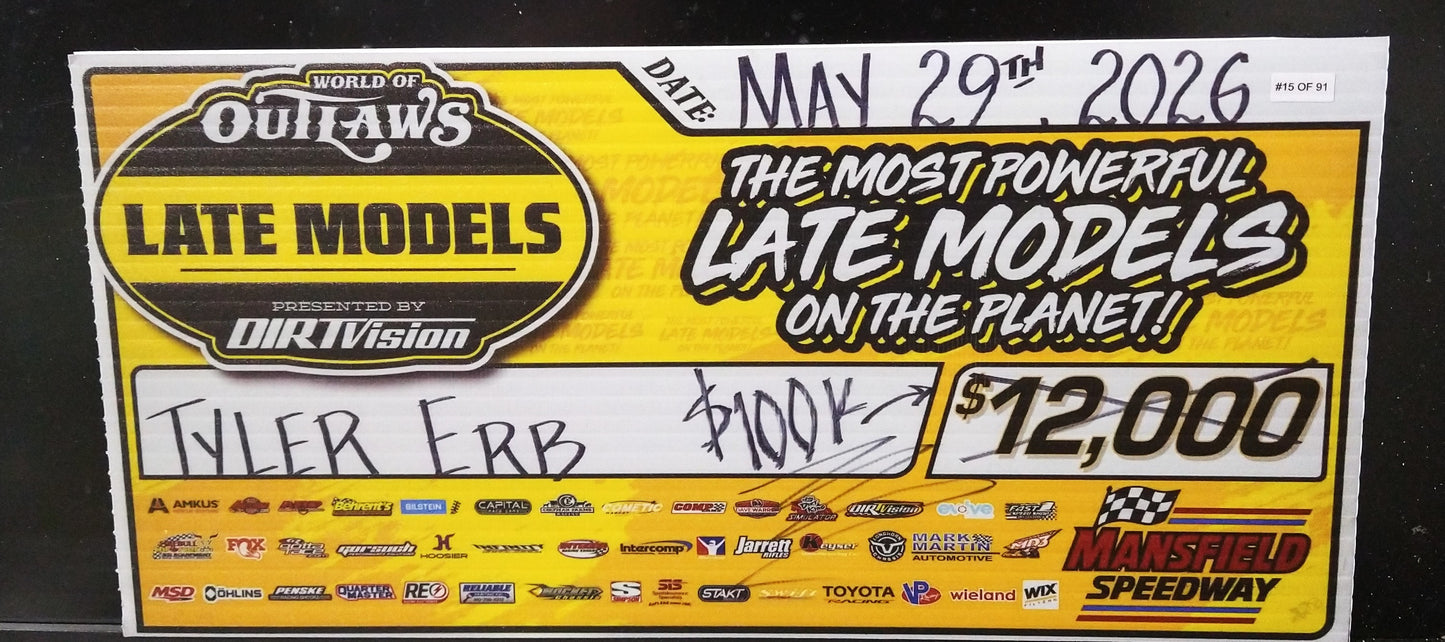 Tyler Erb Replica $100,000 Mansfield Winners Check