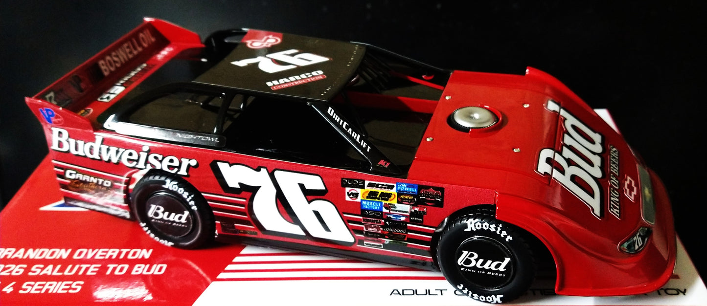 Brandon Overton ADC 2026 Budweiser Dirt Late Model 1/24 Car Dale Jr Tribute Custom Box