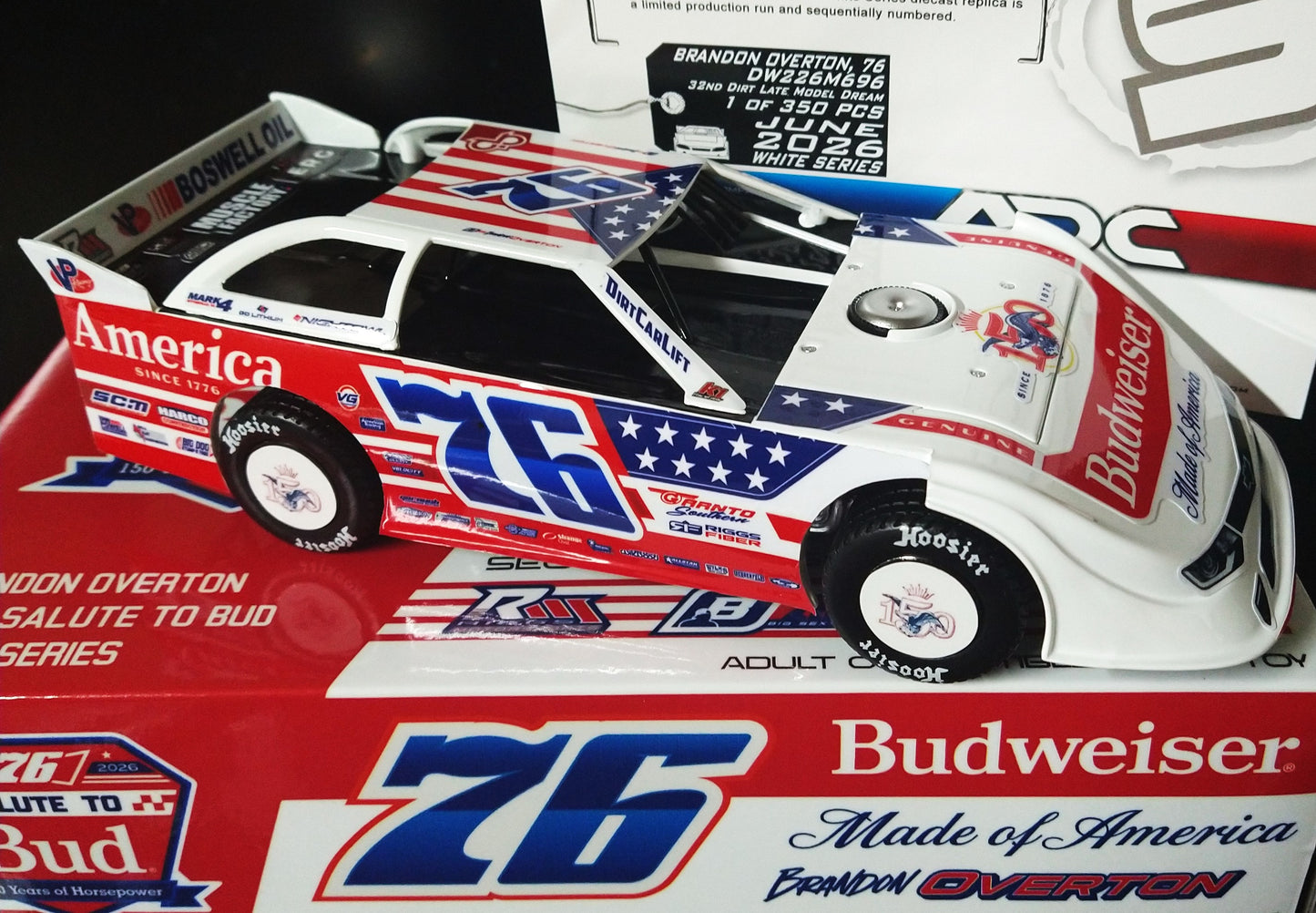 Brandon Overton 2026 150 Year Bud ADC Dirt Late Model 1/24 Diecast Car Custom Box DW226M696